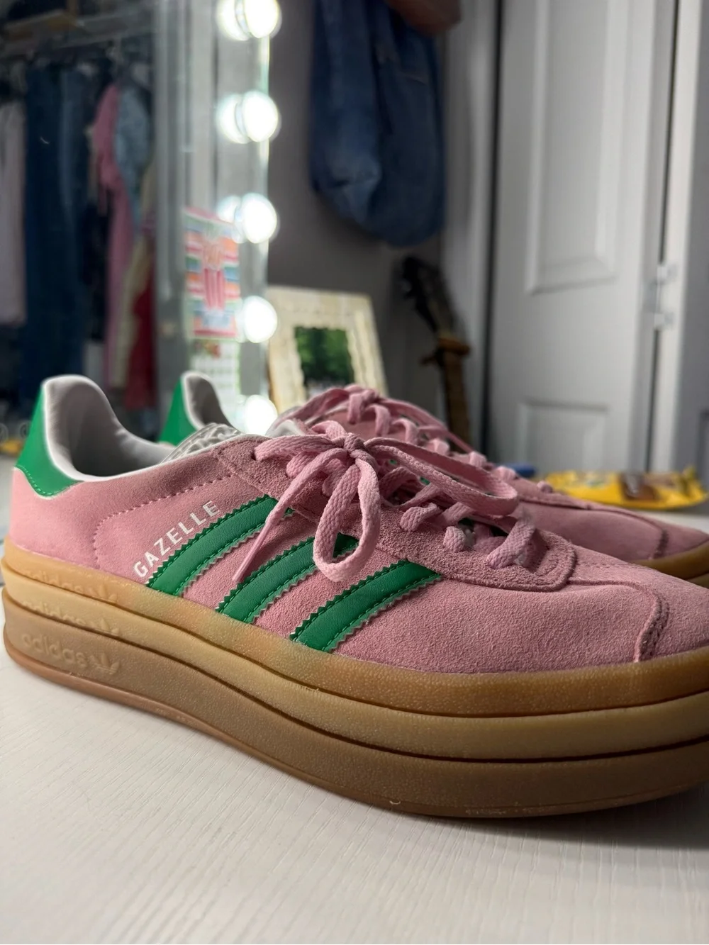 adidas Pink Suede Low-Top Sneakers with Green Stripes